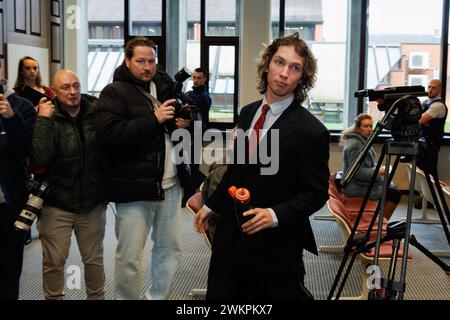 YouTuber Acid (Nathan Vandergunst) pictured during the verdict session in the trial against YouTuber Acid before the Bruges criminal court, in Brugge Thursday 22 February 2024. Vandergunst (24) from Blankenberge was summoned directly by a former member of student association Reuzegom after a controversial video. Acid must answer for, among other things, harassment and slander. This affair started when the well-known YouTuber published a video about the trial and sentencing surrounding the death of Sanda Dia during a baptism of student club Reuzegom. Acid mentioned several Reuzegommers by name Stock Photo