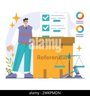 Election. Democratic procedure, citizens choosing political party or candidate by the electoral process. Character checking a ballot on a referendum. Flat vector illustration Stock Vector