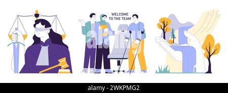 Social equity set. Civil society teamwork, environmental activism, and community engagement for better future and equal opportunities. Diversity and inclusion. Flat vector illustration Stock Vector