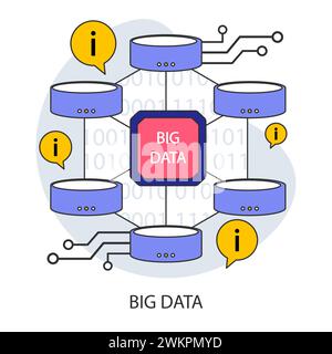 Big data. Intricate network of data processing and storage. Centralized information management with a focus on volume and complexity. Flat vector illustration. Stock Vector