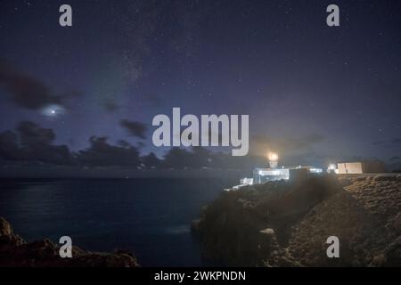 Night sky over lighthouse of Cabo de Sao Vicente with Milky Way and planet Venus, Sagres, Algarve, Portugal Stock Photo