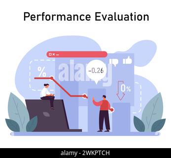 Performance Evaluation concept. Professionals analyzing declining metrics and strategizing for business growth. Effective assessment and strategy planning. Flat vector illustration Stock Vector