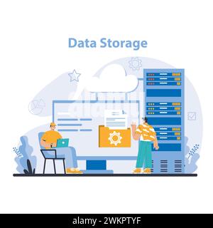 Data Storage concept. Secure cloud computing and server management. Streamlined digital file organization and maintenance. Effective data handling and infrastructure. Flat vector illustration. Stock Vector
