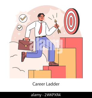 Career ladder. Ascent to success and goal achievement with ambition and effort. Business man climbing the corporate steps with confidence and aim. Flat vector illustration. Stock Vector