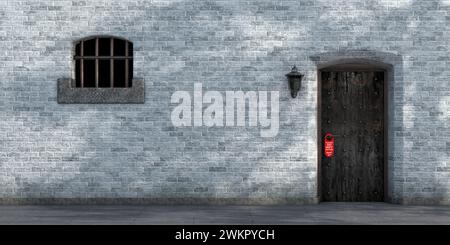 Red  Do Not Disturb Sign Hanging on a Prison Rusted Entrance Door with  Barred Window with Brick Wall Background extreme closeup. 3d Rendering Stock Photo