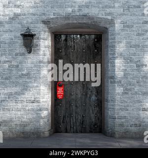 Red  Do Not Disturb Sign Hanging on a Prison Rusted Entrance Door with Brick Wall Background extreme closeup. 3d Rendering Stock Photo