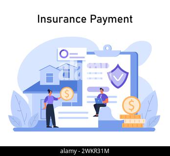 Insurance Payment concept. Individuals ensure home security through policy, showcasing timely premium payment and claim benefits. Assurance in property safety. Flat vector illustration. Stock Vector