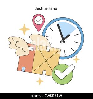 Just-in-Time concept. Precise clock symbolizing swift logistics and punctual delivery services. Effective supply chain timing. Flat vector illustration. Stock Vector