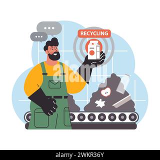 Worker showcases a recycling app while sorting trash on a conveyor ...
