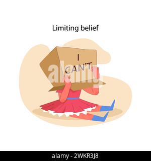 Challenging self-limiting beliefs concept. Overcoming mental barriers for growth. Visual metaphor for psychological constraints. Breaking the 'I can't' mindset. Flat vector illustration Stock Vector