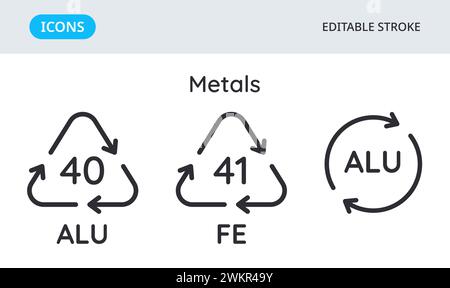 Metals recycling codes icons. Triangular environmental symbols of materials. Set of elements on a white background. Editable stroke. Stock Vector