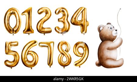 Watercolor cute cartoon teddy bear with golden foil balloon numbers digits 0-9. Hand drawn birthday party numbers zero, one, two, three, four, five, s Stock Photo