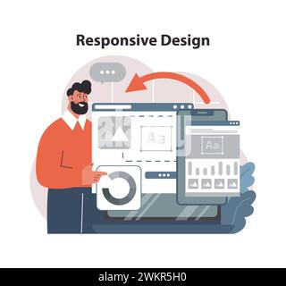 Responsive design adaptation concept. Man demonstrates fluid web layout transition from desktop to mobile, ensuring seamless user experience. Cross-device compatibility. Flat vector illustration Stock Vector