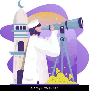 A muslim see the twilight moon or day of ramadan start illustration Stock Vector