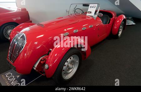 Three-quarters front view of a Rare, 1950 Healey Silverstone E-Type on sale in the Iconic Auction, at the 2023 Silverstone Festival Stock Photo