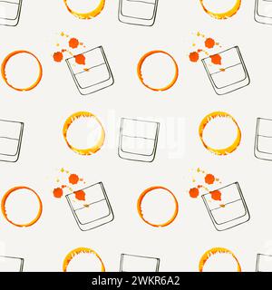 Whiskey glass pattern, design with glass and watercolor round stains whiskey and splaches drops, restaurant cafe bar menu design. Vector illustration Stock Vector