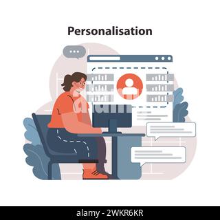 Personalisation in digital platform concept. Woman at computer adjusts user profile settings on a webpage, enhancing tailored content delivery. Individual user experience focus. vector illustration Stock Vector