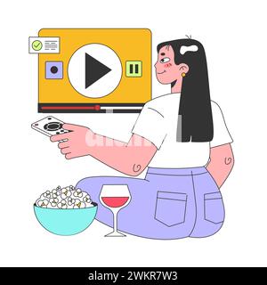 Movie streaming platform. Woman watching film at home with digital online theatre. Television multimedia service broadcasting a video. Flat vector illustration Stock Vector