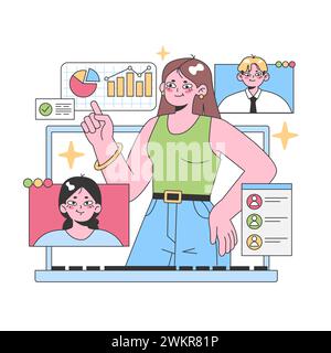 Confident woman multitasks with digital screens engaging in a video call while analyzing data graphs. The modern workspace blends personal interaction and data-driven decision-making. Flat vector Stock Vector