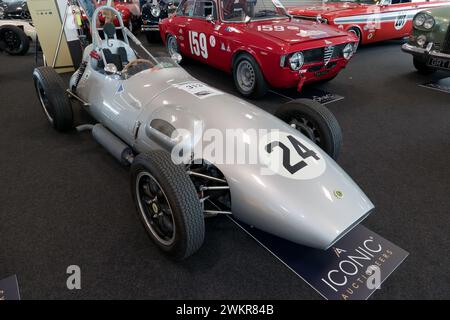 Three-quarters front view of a Silver, 1960, Hillwood Formula Junior, on sale in the Iconic Auction, at the 2023 Silverstone Festival Stock Photo