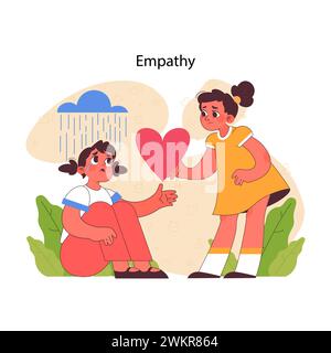 Empathy concept. Comforting scene depicting girl offering heart of support to friend in distress. Essence of compassion visualized. Flat vector illustration Stock Vector