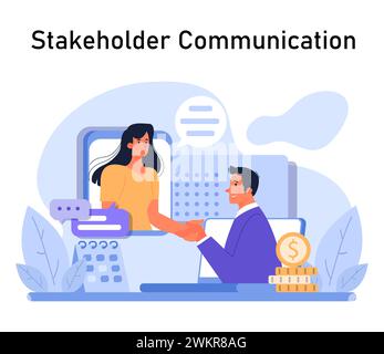 Businessman and businesswoman shaking hands through computer screens, signifying digital collaboration and stakeholder engagement in the virtual workspace. Flat vector. Stock Vector