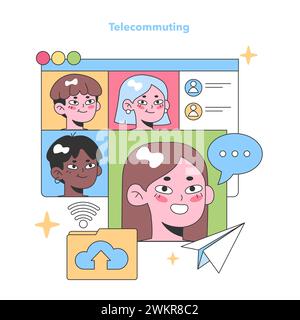 Telecommuting concept with a diverse team engaged in a virtual meeting. Sharing ideas and collaborating from different locations. Flat vector illustration Stock Vector