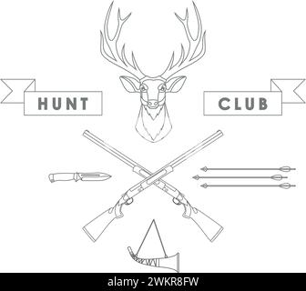 Deer Head, Wooden Arrows, Knife, Crossed Hunting Rifles and Banner of Hunting Club Isolated Outline in Flat Style. Vector Illustration. Stock Vector