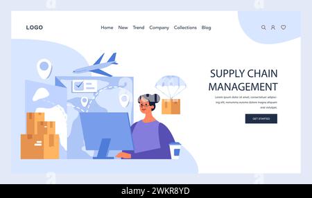Supply Chain Management concept. An expert orchestrates global logistics with the aid of technology, ensuring efficient transportation and delivery. Flat vector illustration Stock Vector