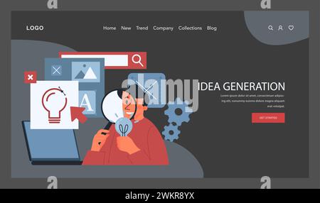 Idea Generation concept. A creative professional explores innovative solutions, utilizing digital tools for brainstorming and concept development. Exploration and creativity visualized. Flat vector Stock Vector