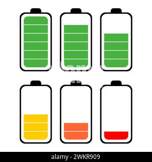 Battery icon set. Battery charge indicator icons. Phone charge level, color collection of charge power. Discharged and fully charged battery. Stock Vector