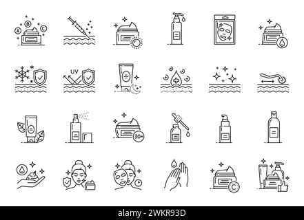 Face and hands skin care icons of vector beauty, cosmetic and dermatology treatments. Thin line cream, lotion, collagen mask and serum drops, gel, oil, foam cleanser, scrub and sunscreen bottles, jars Stock Vector