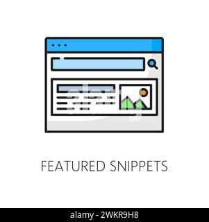 Featured snippets, SERP icon of search engine result page in web marketing and internet advertising, vector pictogram. Search result snippets on website or web page for SERP or SEO outline icon Stock Vector