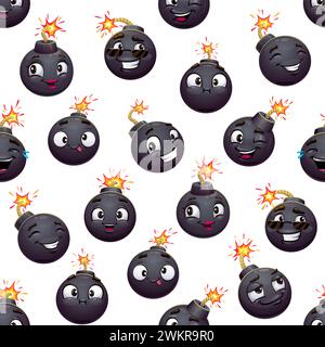 Cartoon bomb characters seamless pattern. Textile pattern, wallpaper vector print or wrapping paper seamless background with funny bomb, cute grenade with flaming fuse or explosion cheerful personages Stock Vector