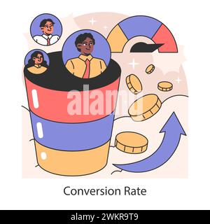 Conversion rate concept. Illustration of marketing funnel dynamics with an uptick in profits. Visualizing customer journey and sales growth. Flat vector illustration. Stock Vector