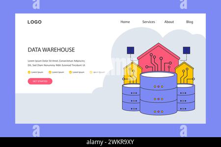 Data warehouse web or landing. Centralized data storage systems with advanced connectivity. Organizational data consolidation for optimized analysis. Flat vector illustration. Stock Vector
