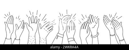 Doodle applause hands silhouettes. People clapping hands, vector outline audience of men and women raising arms and making applause. Fun, party, celebration or greetings, bravo and ovation concept Stock Vector