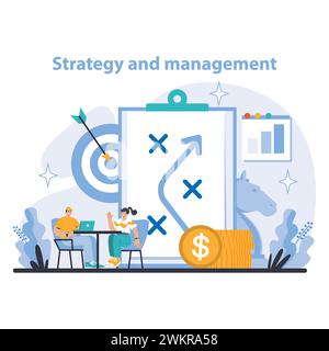 Strategy and management concept. Executives collaborate on goals, analyze financial growth. Targeting success, optimizing resources, charting progress. Flat vector illustration. Stock Vector