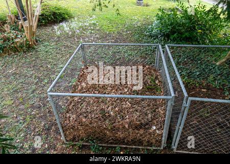 Wireframe metal container made for dry leaves composting, filled up to half, no people, to view. Stock Photo