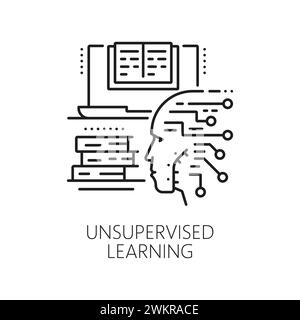 Machine unsupervised learning, AI artificial intelligence algorithm icon. Artificial intelligence future technology, AI data analysis, computer science line vector icon with laptop, android face Stock Vector