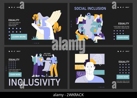 Social equity web or landing set. Civil society teamwork, environmental activism, and community engagement for better future and equal opportunities. Diversity and inclusion. Flat vector illustration Stock Vector