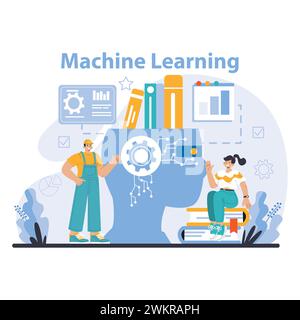AI Model concept. Interactive depiction of the machine learning process with human elements, showcasing collaboration and technology. Flat vector illustration. Stock Vector