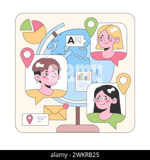 Global teamwork concept. Diverse team communicates over digital globe, sharing insights and data. Interactive collaboration from different locations. Flat vector illustration. Stock Vector