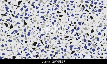 Grey, dark blue and black terrazo mosaic tile pattern or terazo ceramic marble floor, vector texture. Terrazzo or terazzo stone background of marble pieces and granite quartz abstract pattern mosaic Stock Vector