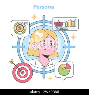 Persona concept. A blonde woman surrounded by marketing symbols, indicating financial goals, customer shopping behavior, sales analytics, and target achievement. Understanding buyer demographics Stock Vector