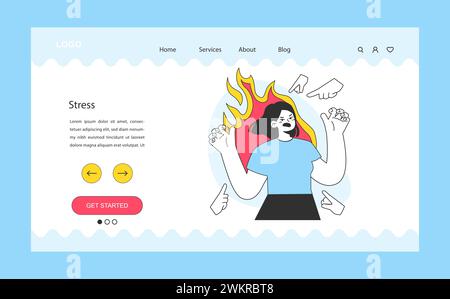 Neurosis web banner or landing page. Chronic stress and anxiety. Stressed angry female character burning with flame. Professional burnout, breakdown and psychological tension. Flat vector illustration Stock Vector