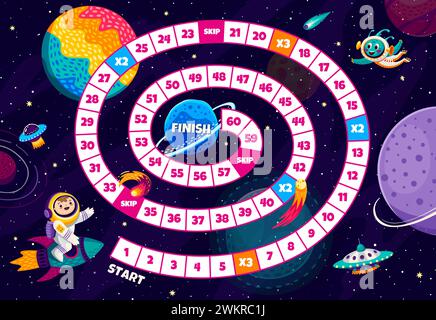Board step game with galaxy space planets, kid astronaut on rocket, ufo and alien. Vector riddle for players advancing through celestial realms and cosmic challenges, stellar journey of skill and fun Stock Vector