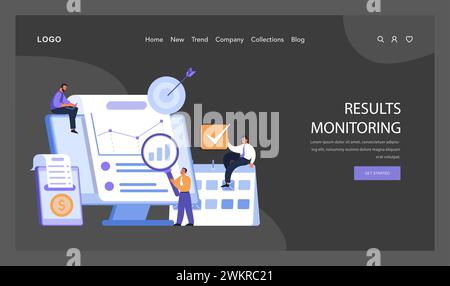 Team overseeing performance metrics on large dashboard, magnifying data details and ensuring accurate financial reporting. Results analysis in action. Flat vector. Stock Vector