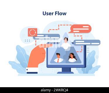 User Flow concept. Hand navigates digital pathway with diverse users, mapping out seamless interactions. Guided journey, interactive design, optimal user experience. Flat vector illustration Stock Vector