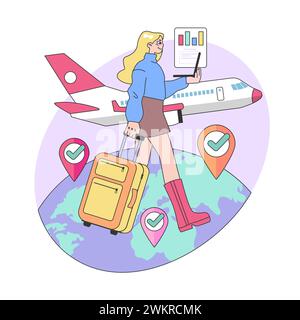 Travel analytics concept. Woman with luggage near airplane, displaying travel statistics chart. Globetrotting with precise trip planning. Experiencing the world digitally. Flat vector illustration Stock Vector